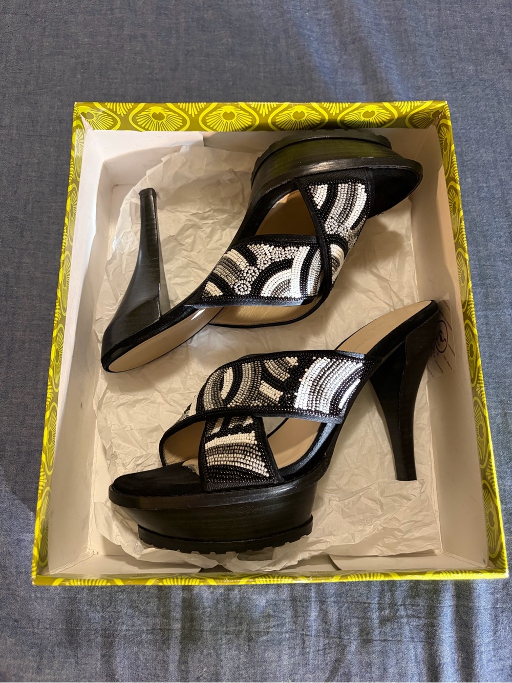 Donald J. Pliner Black and White Beaded Platform Heels